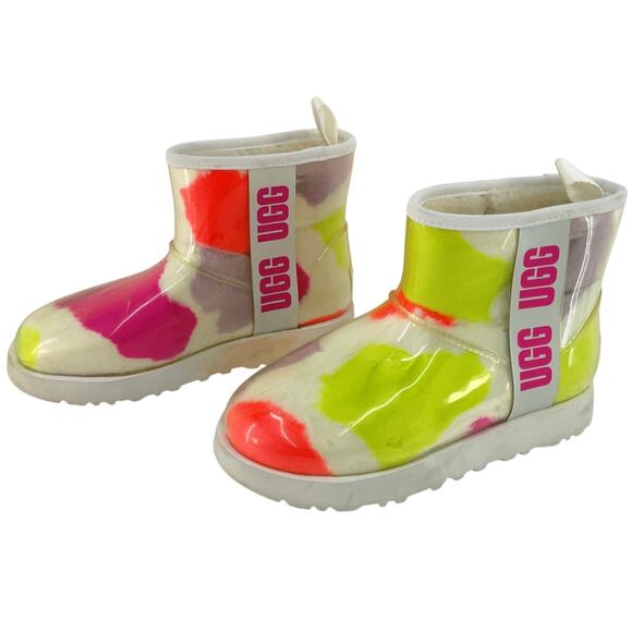 Ugg Classic Clear Pink/Yellow Faux Fur Lined Rain Boots Women’s Size 6 Preowned - Picture 1 of 7